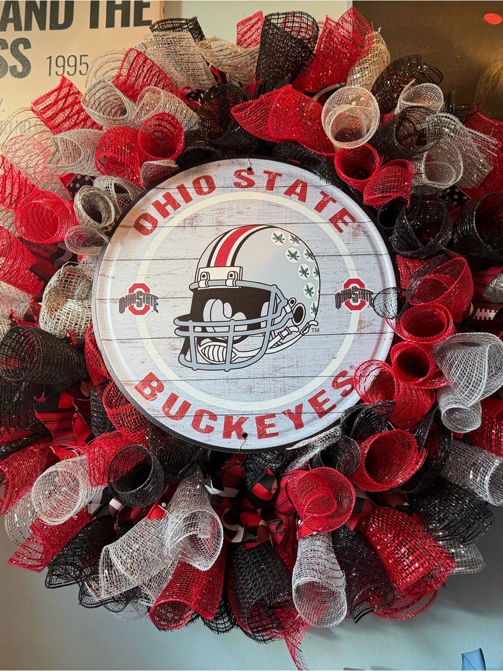 Hand Crafted Ohio State Buckeyes Red, Black & White Wreath